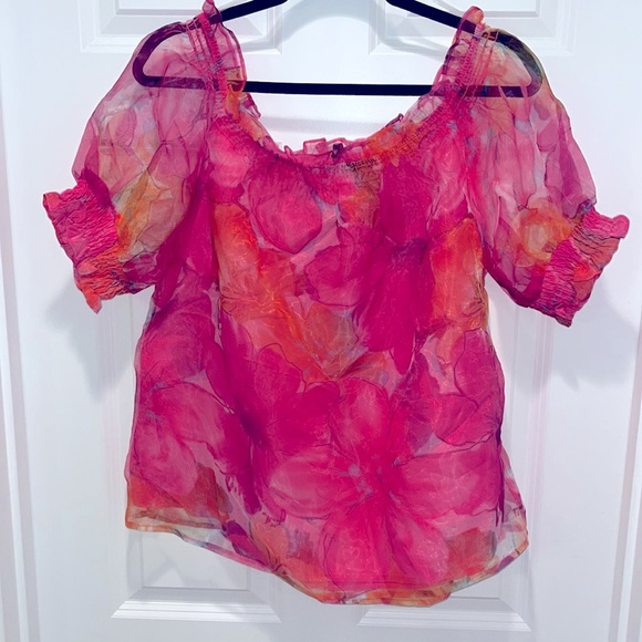 NWT summer sky off the shoulder top Sheer organza Hot Pink Floral Puff Sleeve L - Picture 4 of 10